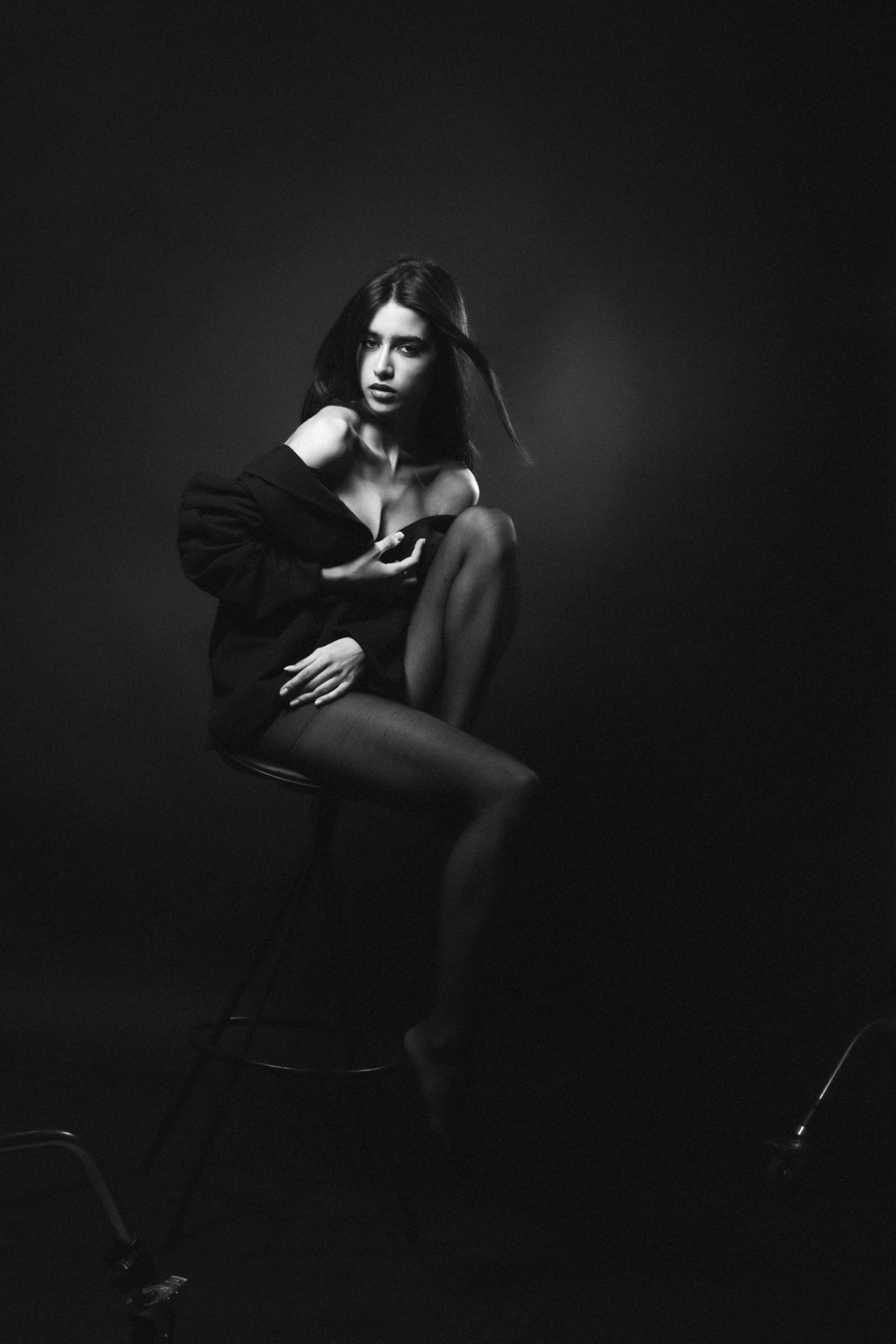 Studio portrait on a stool, raw and graded